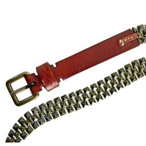 Vintage 90s Studded Brown Leather Chain Belt S Antique Gold Studs Hand Stitched